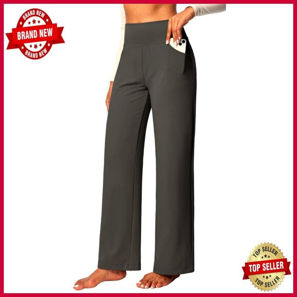 Pants - High Waist Wide Leg Yoga Pants with Pockets Tummy Control Stretch